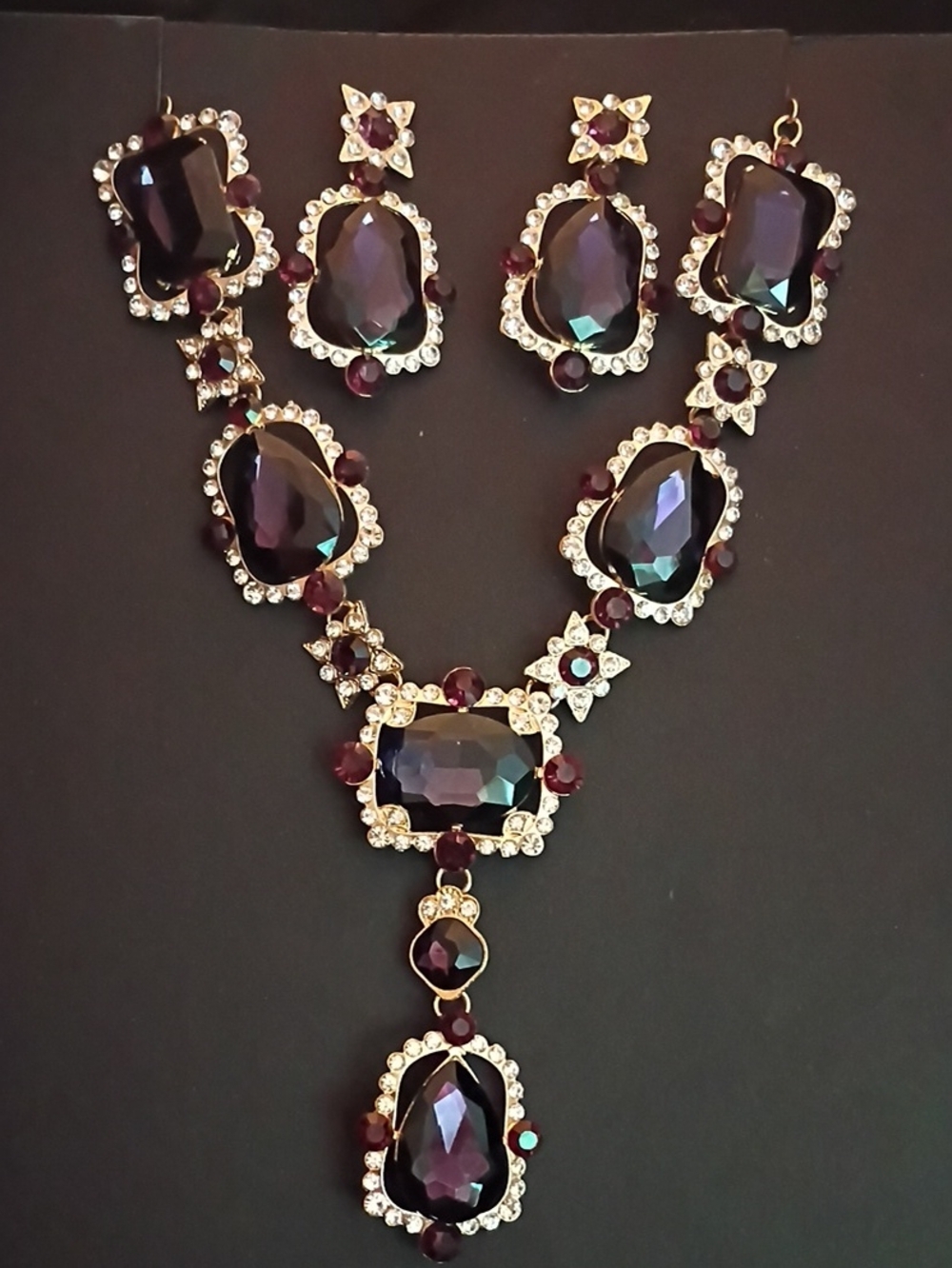 Elegant Purple Crystal Statement Necklace and Earrings Set